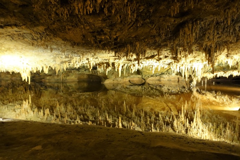 a cave with stalactites and water