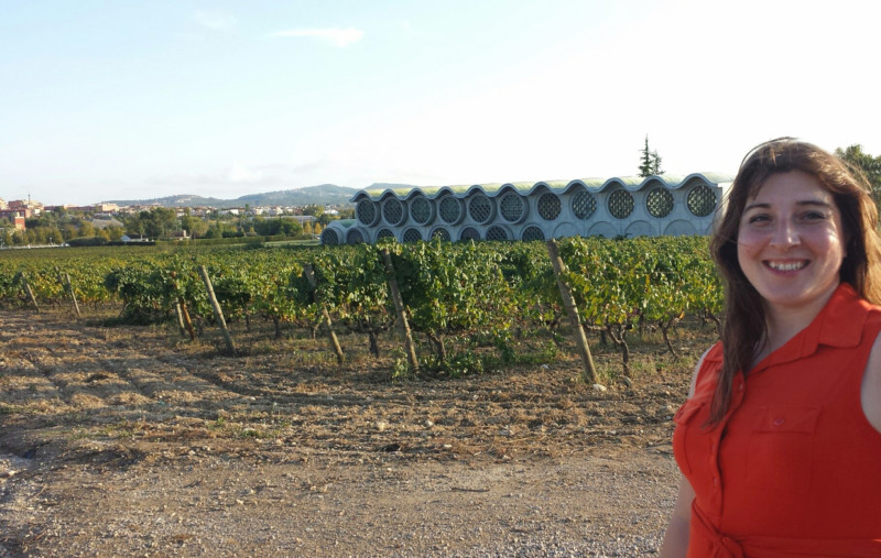 a woman standing in front of a vineyard