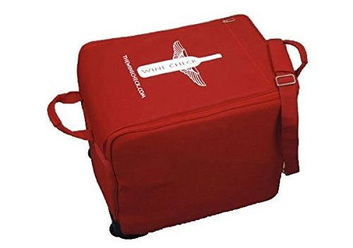 a red bag with a logo on it