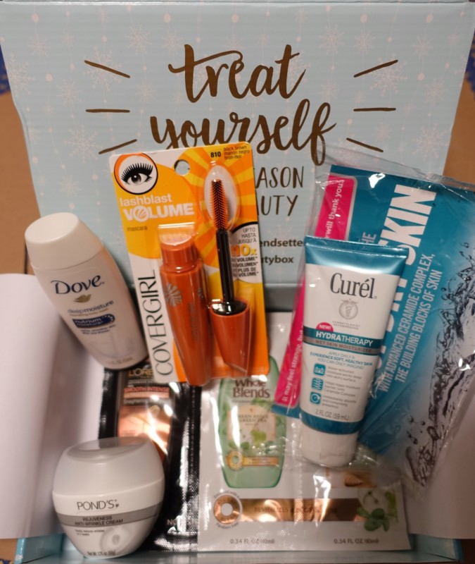 a box with a sign and a variety of beauty products