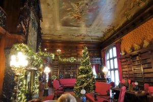 a room with a decorated tree and bookshelves