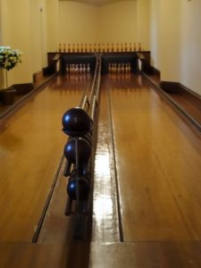 a bowling alley with pins
