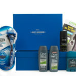 a blue box with a variety of personal care products