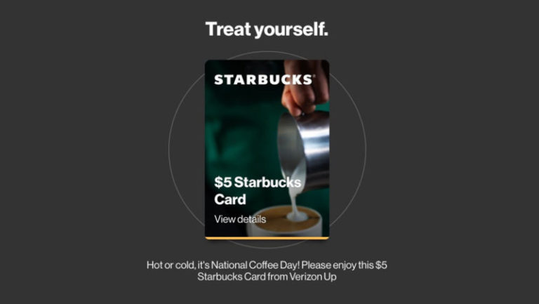 Free $5 Starbucks Card for #NationalCoffeeDay via Verizon Up, $10 Amazon Credit & More