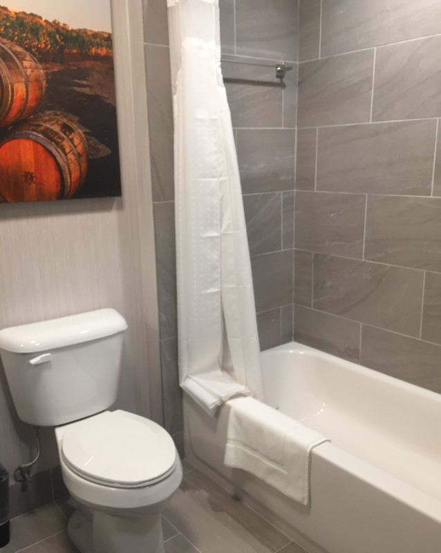 a bathroom with a tub and toilet