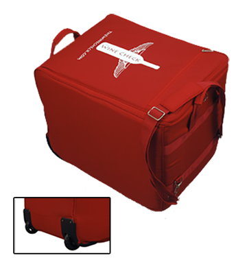 a red bag with wheels