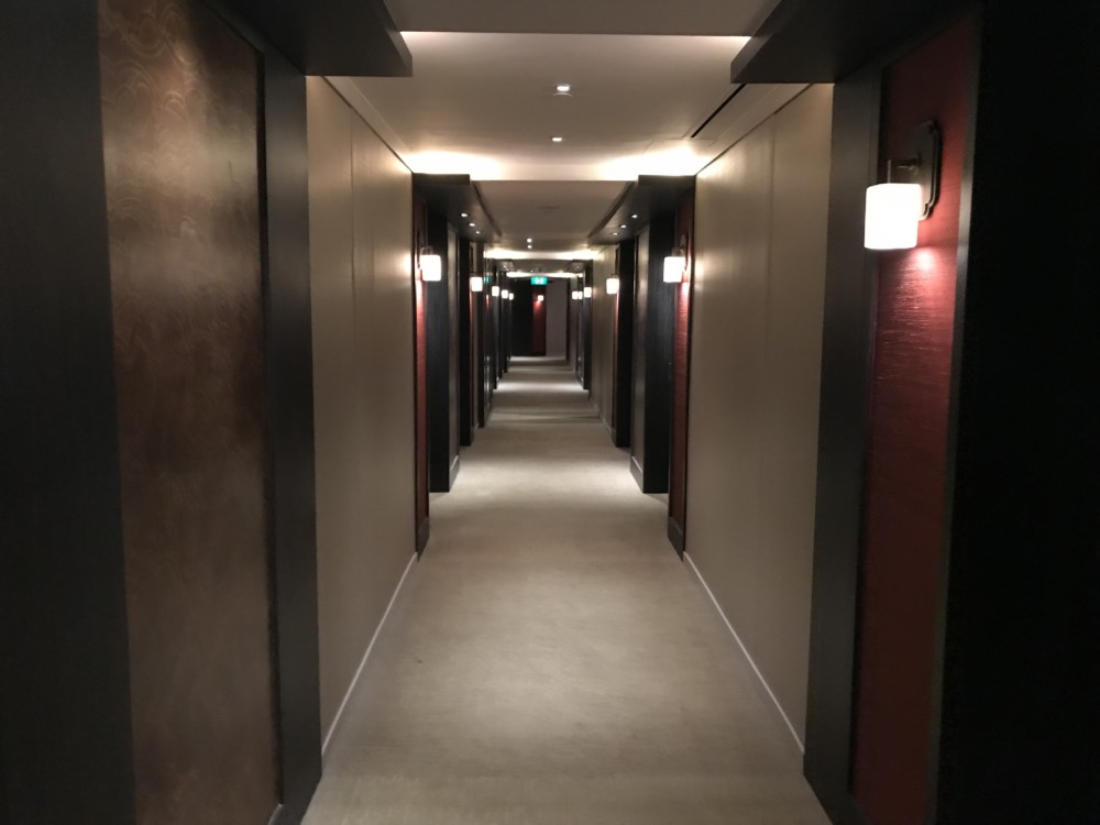 a hallway with lights on
