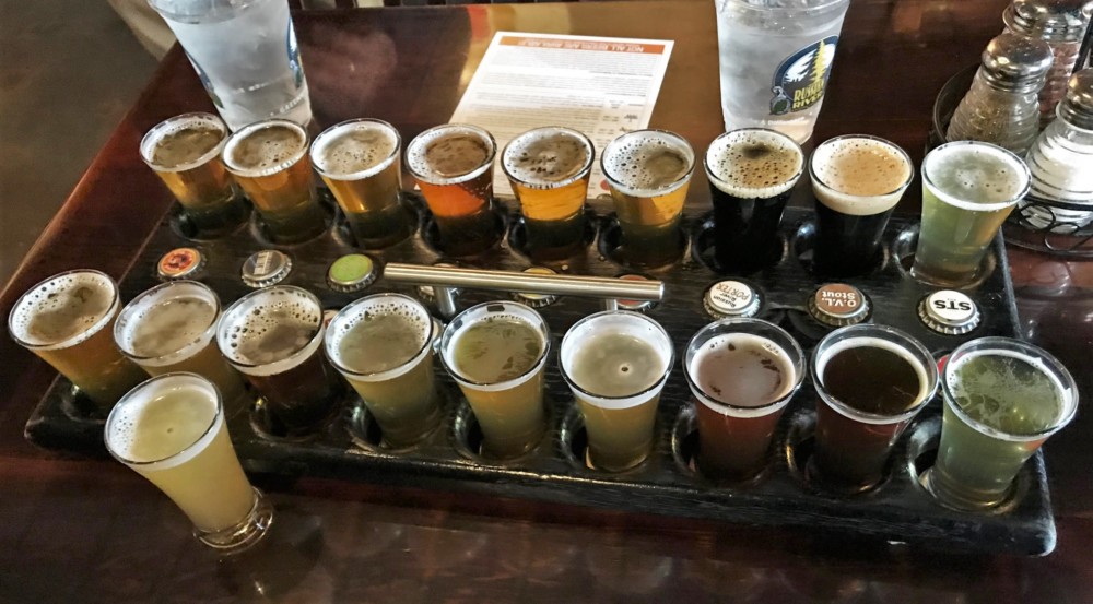 a tray of beer glasses