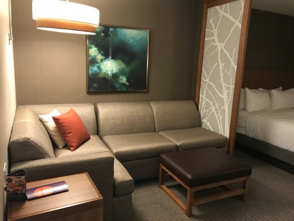 a couch and a bed in a hotel room