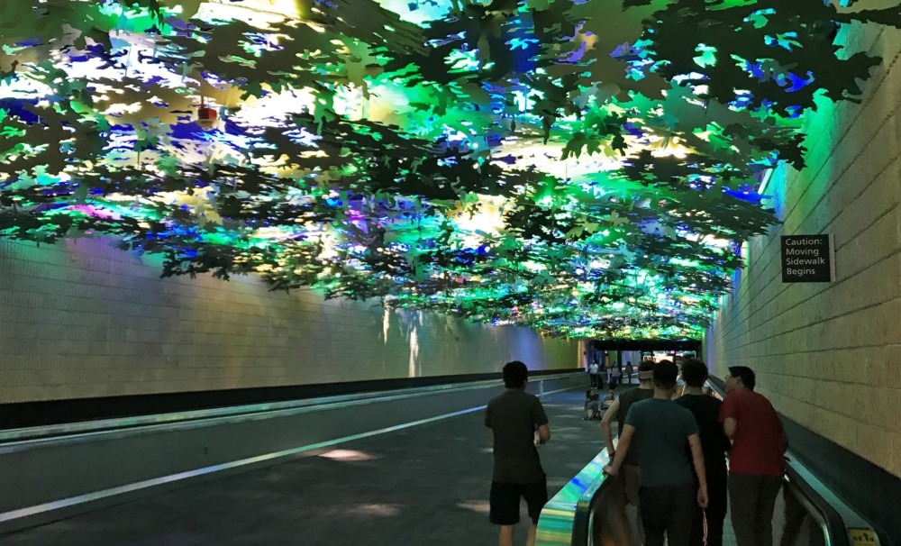 people walking in a tunnel with colorful lights