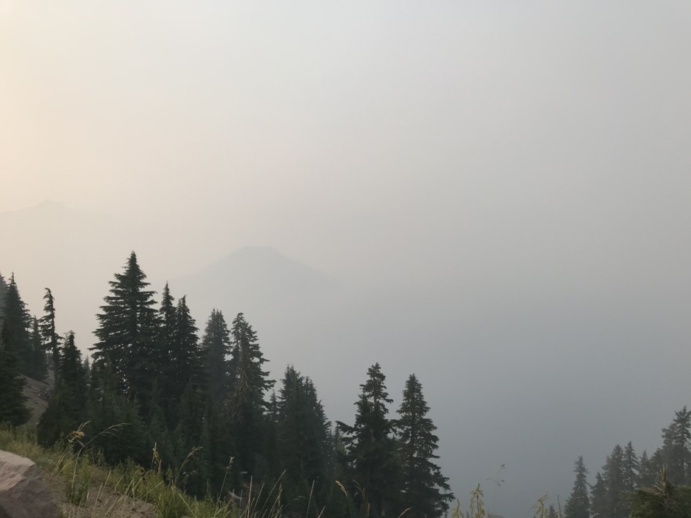 View of Wizard Island Crater Lake during wildfires